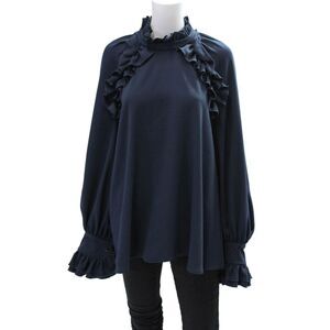Tish Cox Womens Ruffle Detail Crew Neck Long Sleeve Blouse Top Navy Size M